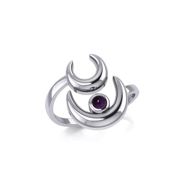 Double Crescent Moon Silver Wrap Ring with Gemstone TRI1892 - Jewelry